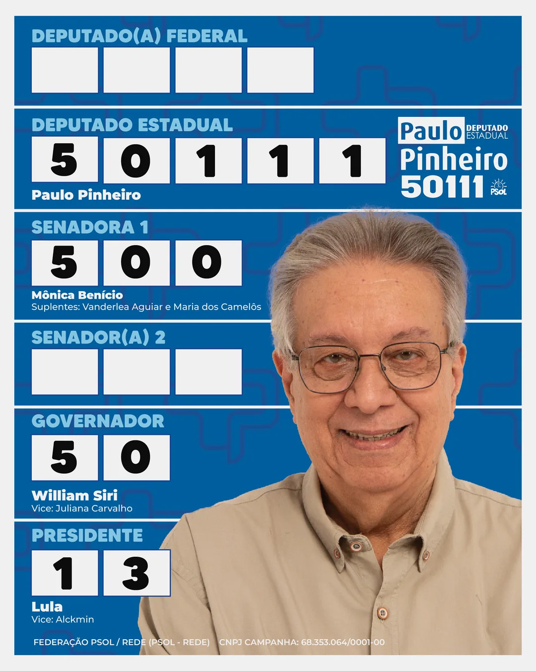 Cola eleitoral da Federação PSOL‑Rede: Paulo Pinheiro 50111, deputado estadual; Mônica Beniécio 500, senadora 1; William Siri 50, governador; e Lula 13, presidente. Os campos de deputado federal e senador 2 ficam em branco.